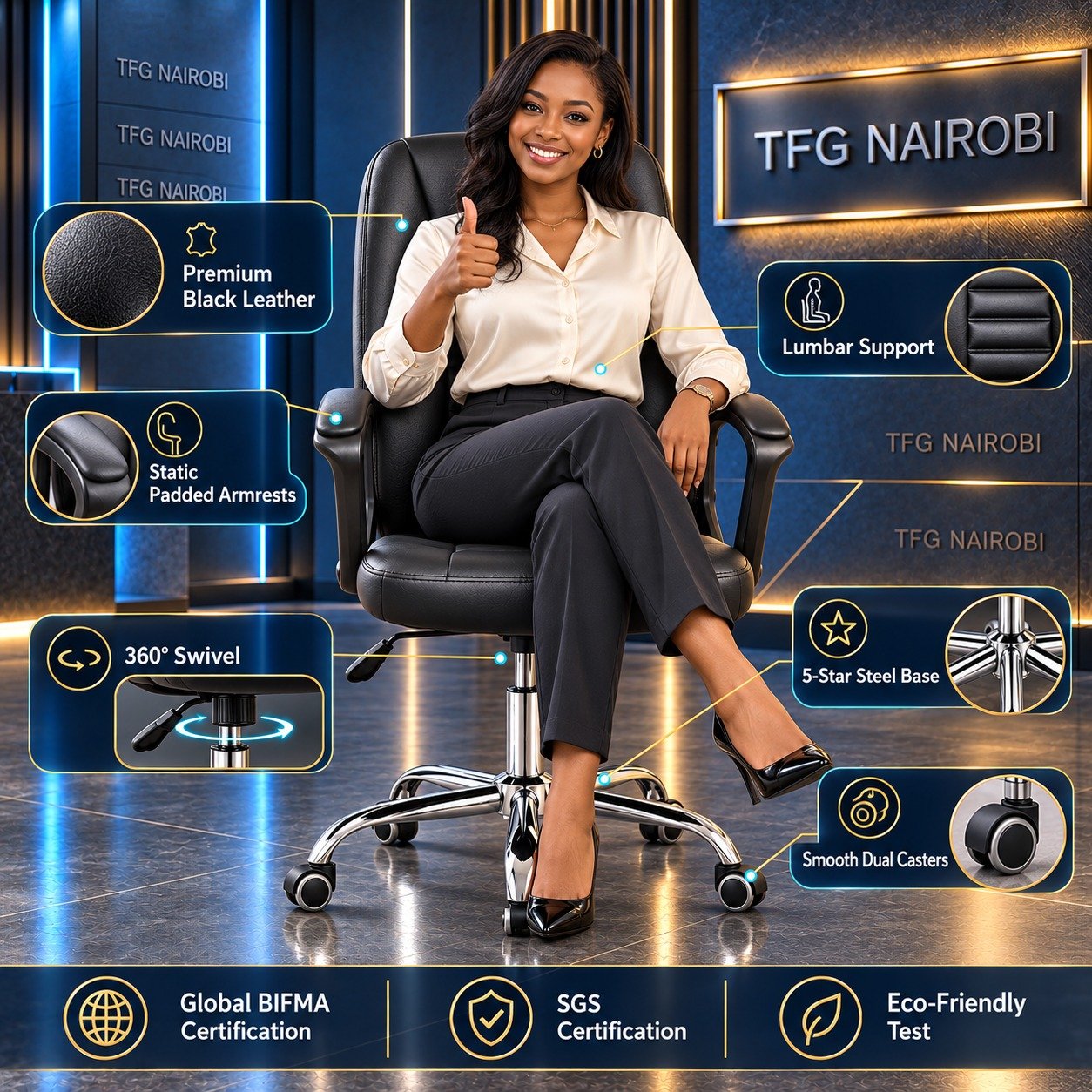 Executive Leather Office Chair Kenya – Features Executive leather office chair Kenya – black leather chair features infographic showing lumbar support, padded armrests, 360° swivel and steel base, Upper Hill, Nairobi