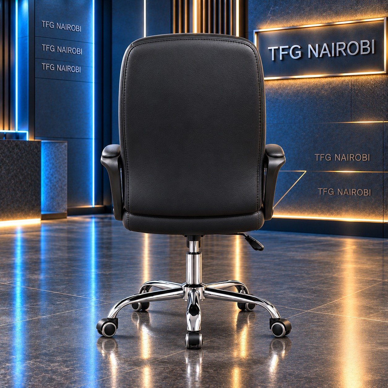Executive Leather Office Chair Kenya – Rear View Executive leather office chair Kenya – rear view of all black leather chair with padded backrest, padded armrests and chrome 5-star base, Upper Hill, Nairobi