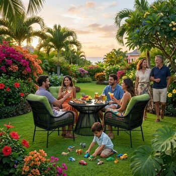 A happy family enjoying an outdoor meal at a BGN400 Amboseli 4-seater patio dining set featuring black rattan chairs and lime green cushions in a lush garden in Syokimau, Machakos.
