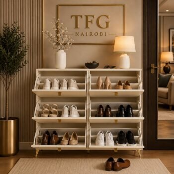 HLSC1622-7 cream shoe cabinet by Lyson Home with open shoe storage in a modern entryway on Peponi Road, Westlands, Nairobi, Kenya