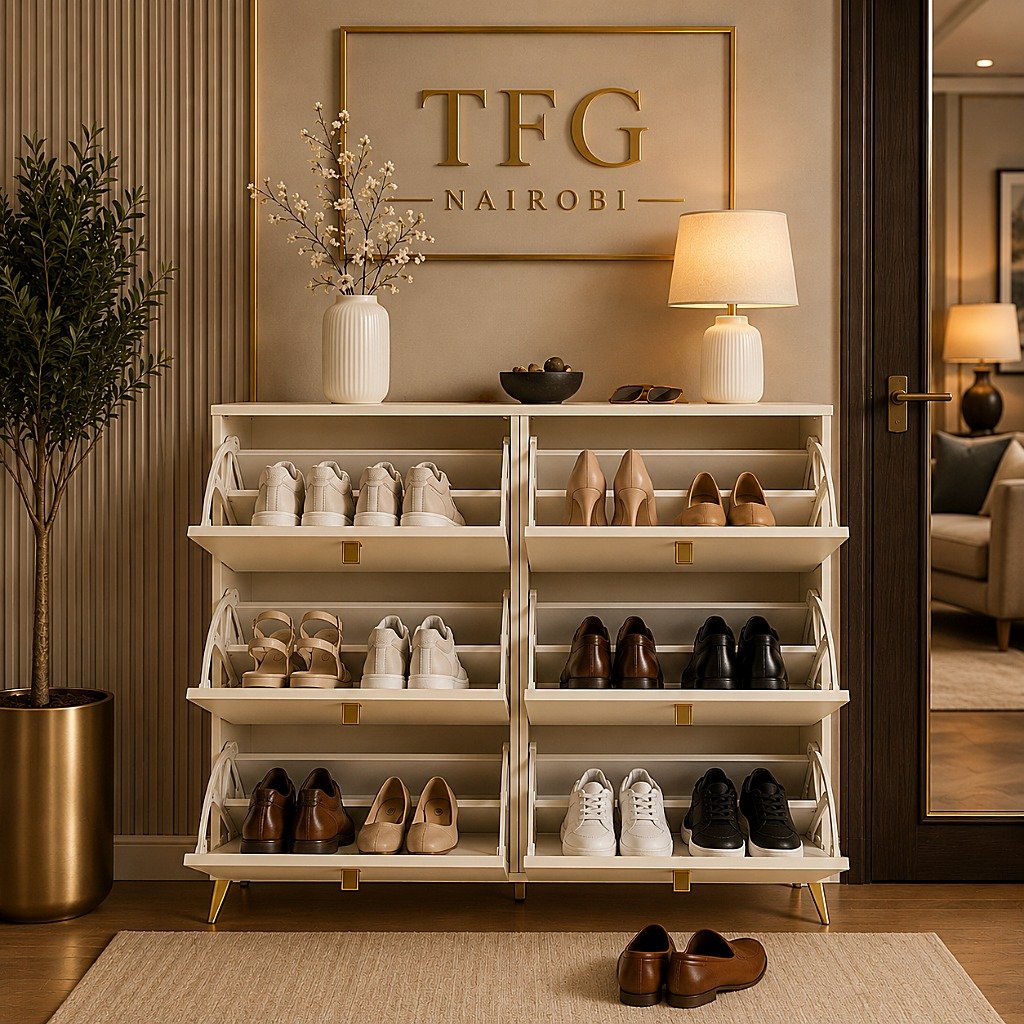 HLSC1622-7 Cream Shoe Cabinet Lifestyle Image in Westlands Nairobi HLSC1622-7 cream shoe cabinet by Lyson Home with open shoe storage in a modern entryway on Peponi Road, Westlands, Nairobi, Kenya