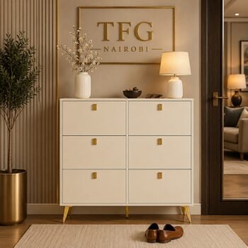 HLSC1622-7 cream shoe cabinet by Lyson Home with gold accents in a modern entryway on Peponi Road, Westlands, Nairobi, Kenya
