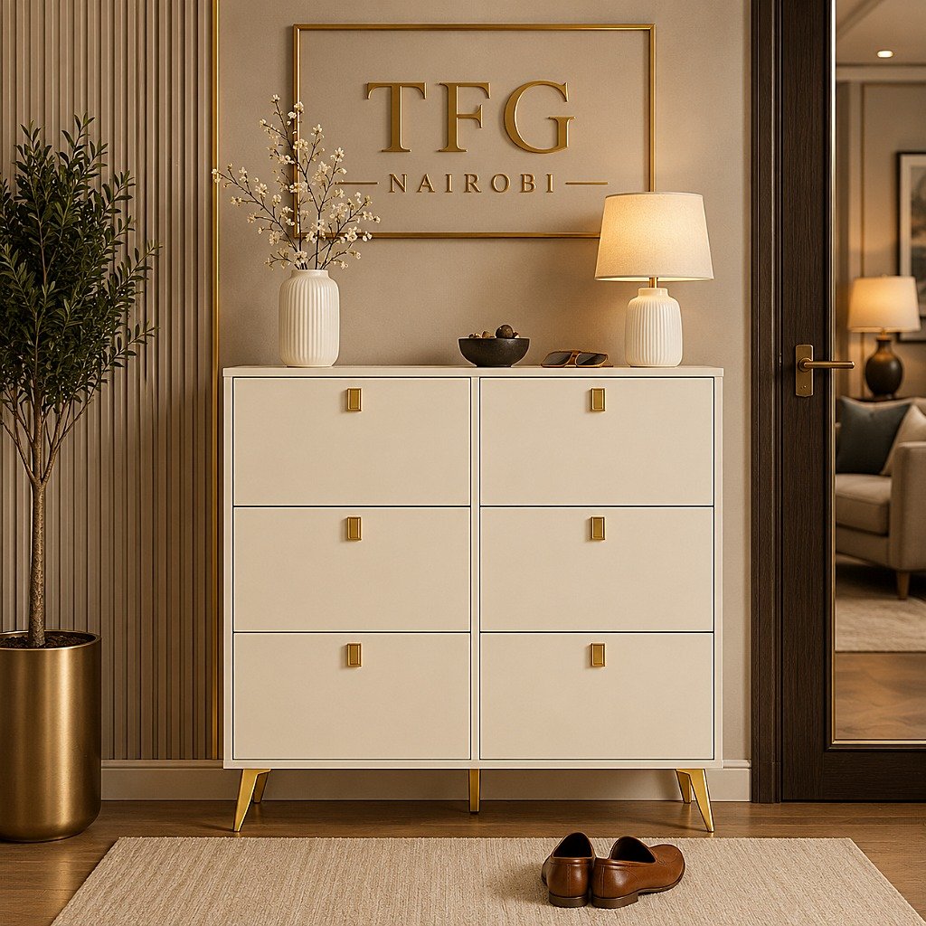 HLSC1622-7 Cream Shoe Cabinet in Westlands Nairobi HLSC1622-7 cream shoe cabinet by Lyson Home with gold accents in a modern entryway on Peponi Road, Westlands, Nairobi, Kenya
