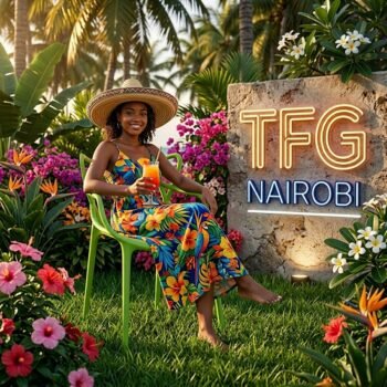 A stylish lady relaxing in a modern NARDI BC187-G green fiberglass resin chair with a tropical cocktail in a luxury residential garden in Loresho, Nairobi.