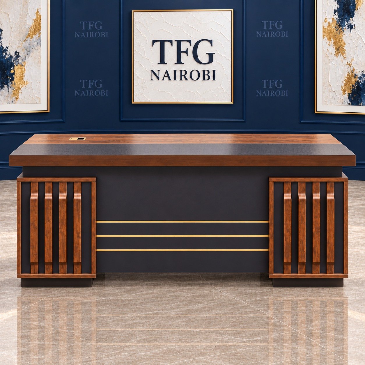 Modern Wooden Executive Office Desk Nairobi – 1.4m Modern wooden executive office desk Nairobi – 1.4m walnut and charcoal desk with drawers, gold accent lines and cable outlet, Northlands, Nairobi