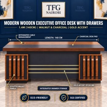 Modern wooden executive office desk Nairobi – features infographic of 1.4m walnut and charcoal desk with drawer storage, cable management, desk pad and gold accents, Northlands, Nairobi