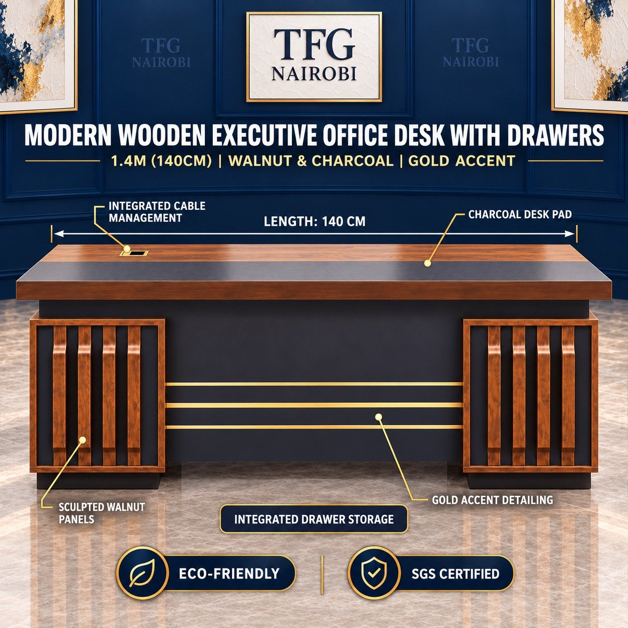 Modern Wooden Executive Office Desk Nairobi – Features Modern wooden executive office desk Nairobi – features infographic of 1.4m walnut and charcoal desk with drawer storage, cable management, desk pad and gold accents, Northlands, Nairobi