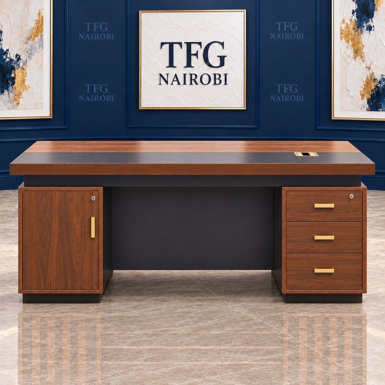 Modern Wooden Executive Office Desk Nairobi – Rear View Modern wooden executive office desk Nairobi – rear view of 1.4m walnut and charcoal desk with lockable cabinet, 3 drawers and gold handles, Northlands, Nairobi