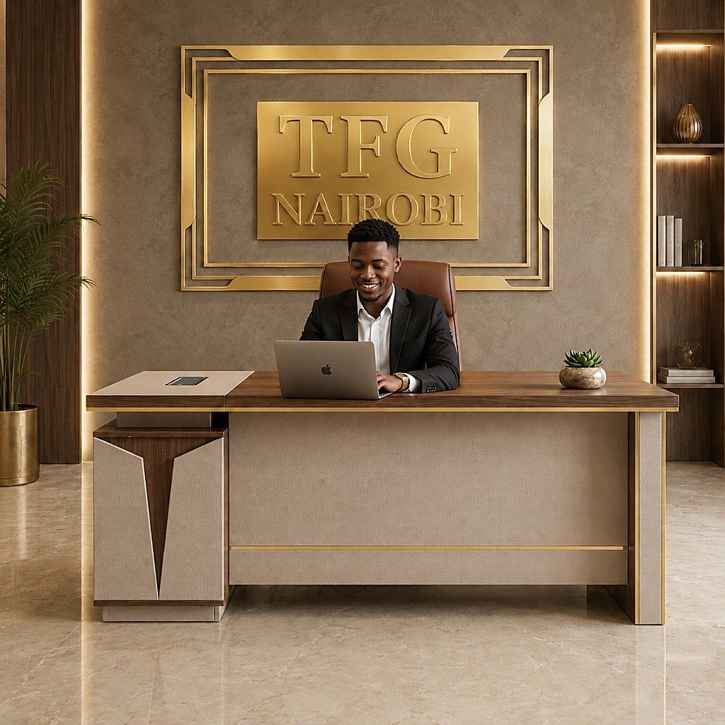 MSLOL 1.6M Executive Office Desk Lifestyle Shot in Gigiri Nairobi Executive working on laptop at MSLOL 1.6M brown and white executive office desk in Gigiri, Nairobi, Kenya