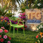 A modern NARDI BC187-G Plastic Chair fiberglass resin plastic chair with an ergonomic branch-like backrest in a luxury tropical garden in Loresho, Nairobi.
