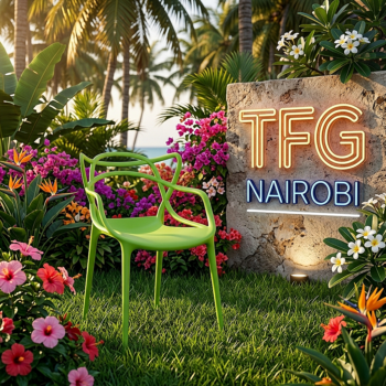 A modern NARDI BC187-G Plastic Chair fiberglass resin plastic chair with an ergonomic branch-like backrest in a luxury tropical garden in Loresho, Nairobi.