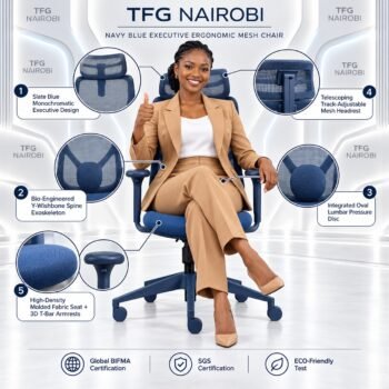 Navy blue executive ergonomic mesh chair – features infographic showing adjustable mesh headrest, Y-wishbone back, oval lumbar disc, molded fabric seat and 3D T-bar armrests, Westlands, Nairobi