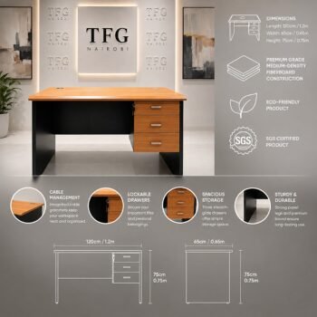 Office desk with drawers dimensions and features infographic, Upper Hill, Nairobi