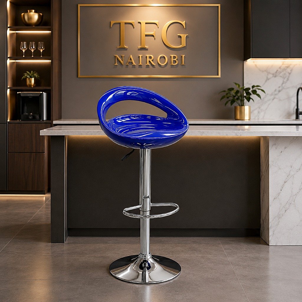 PMBS800-1 Blue Bar Stool - Westlands Counter Seating Collection PMBS800-1 blue bar stool with a chrome pedestal base staged next to a modern kitchen island under the TFG Nairobi logo.