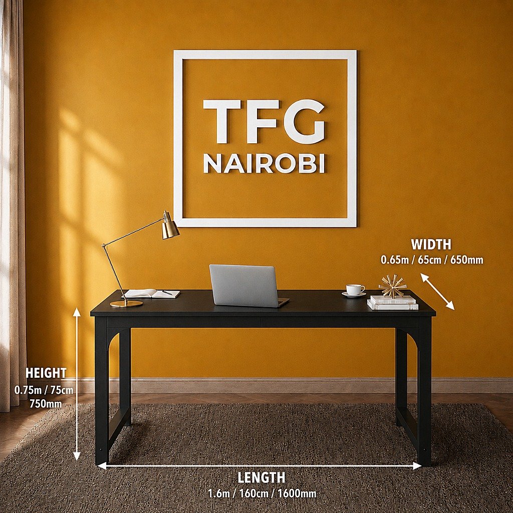 TFG VM1.6M Black Computer Table Dimensions in Gatundu Road Nairobi Dimension illustration of TFG VM1.6M black computer table showing 160cm length, 65cm width and 75cm height in Gatundu Road, Nairobi, Kenya
