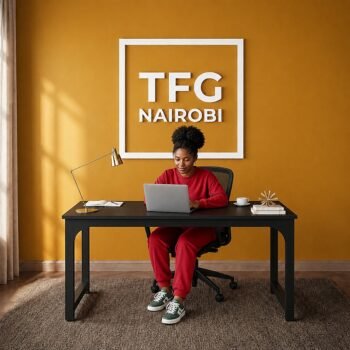 Client working on laptop at TFG VM1.6M black computer table in a modern workspace on Gatundu Road, Nairobi, Kenya