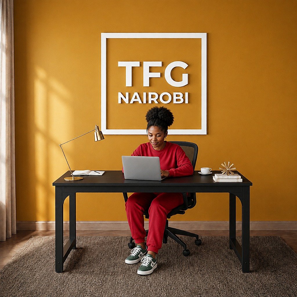 TFG VM1.6M Black Computer Table Lifestyle Shot in Gatundu Road Nairobi Client working on laptop at TFG VM1.6M black computer table in a modern workspace on Gatundu Road, Nairobi, Kenya