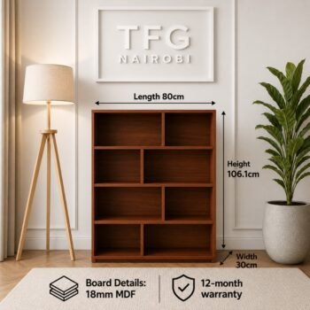 Technical dimension guide for the TFG111-4 cherry mini bookshelf showing a height of 106.1cm, length of 80cm, and width of 30cm in a Hurlingham living room.