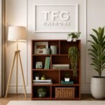 A premium TFG111-4 cherry mini bookshelf with a 4-compartment open layout organized with books and plants under a white TFG NAIROBI sign in a Hurlingham living room.