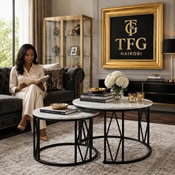 X19 Round Marble Nesting Tables Set of 2 with Black Frame in luxury living room with woman reading - Modern nesting coffee tables Othaya Road Nairobi Kenya