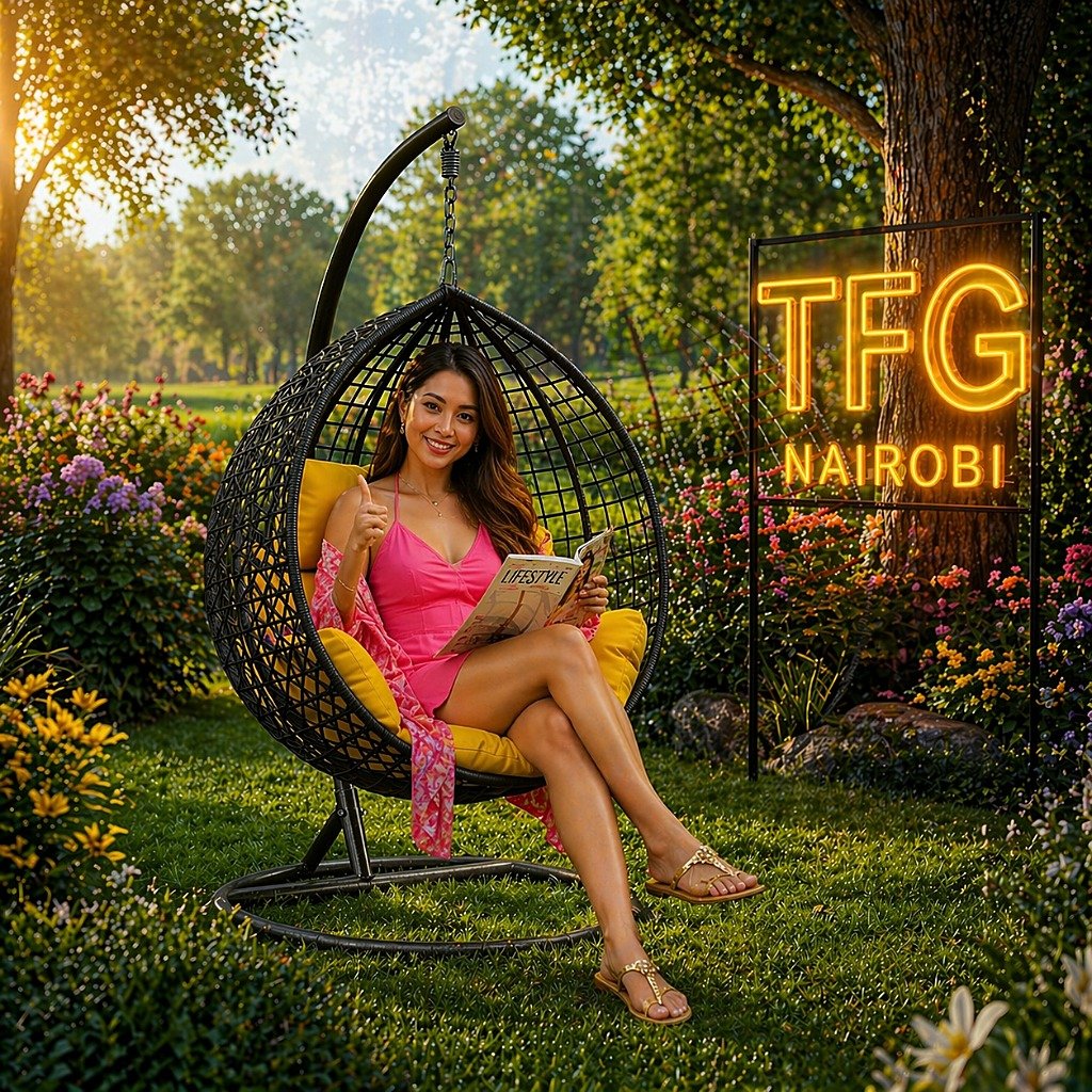 SERENGETI BY188 Swing Chair - Customer Approval Athi River A smiling lady giving a thumbs up while sitting in a black SERENGETI BY188 wicker egg swing chair with yellow cushions in a garden in Athi River.