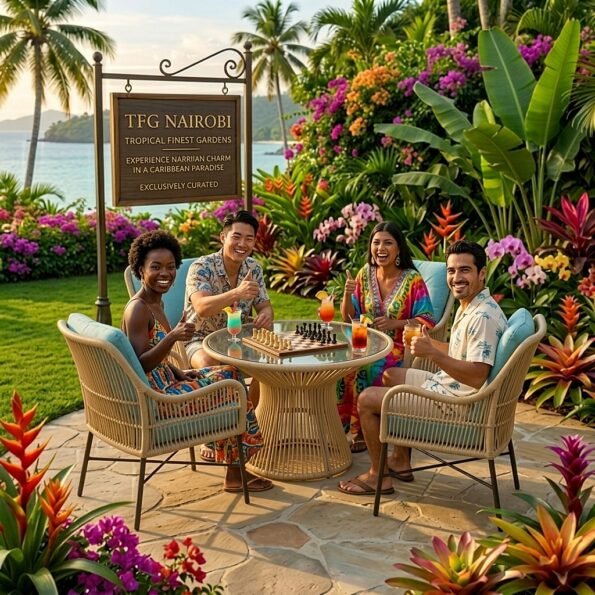 A diverse group of friends giving a thumbs-up sign while relaxing on a LGTB400 Amboseli light-beige rattan patio set with sky blue cushions in a luxury Loresho garden.