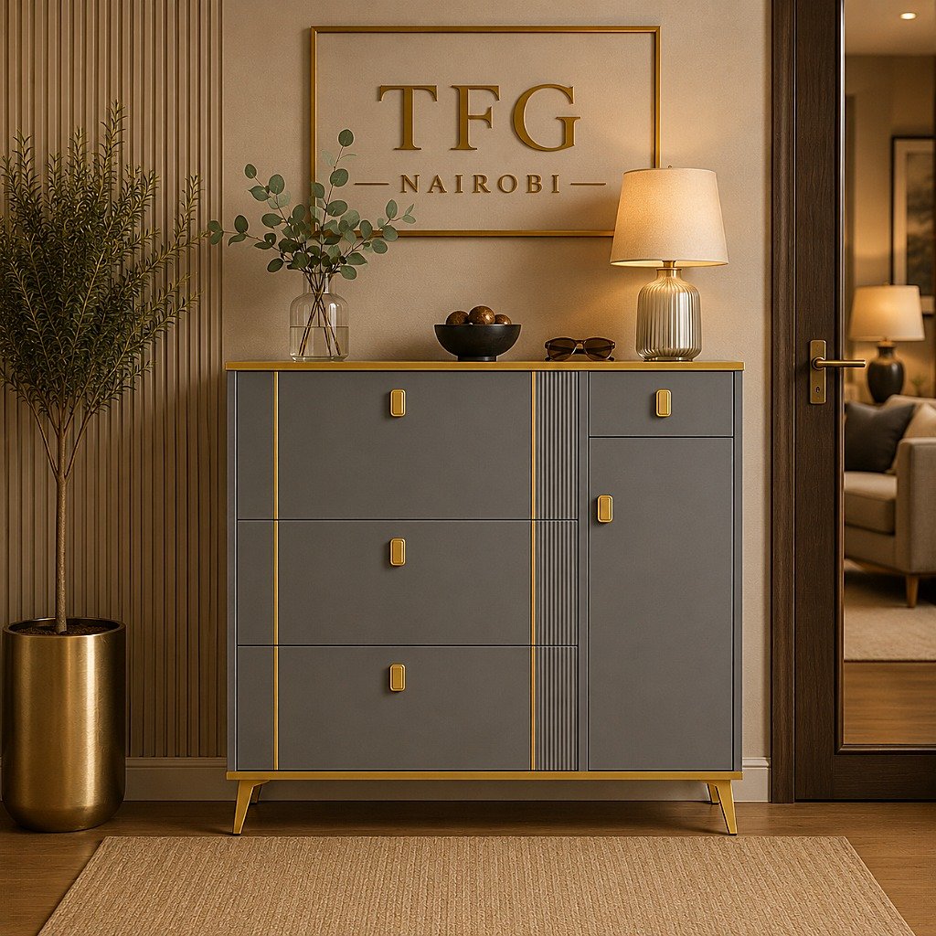 HLSC1571 Grey Shoe Cabinet in Kilimani Nairobi Apartment HLSC1571 grey shoe cabinet by Lyson Home with gold accents in a modern apartment entryway in Kilimani, Nairobi, Kenya