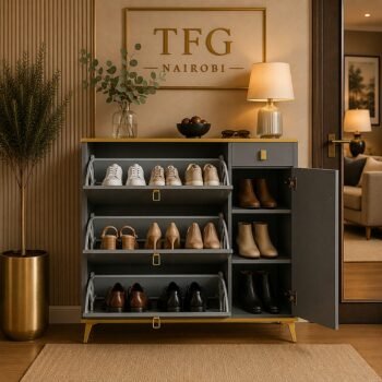 HLSC1571 grey shoe cabinet by Lyson Home with open compartments and multiple pairs of shoes in a Kilimani apartment in Nairobi, Kenya