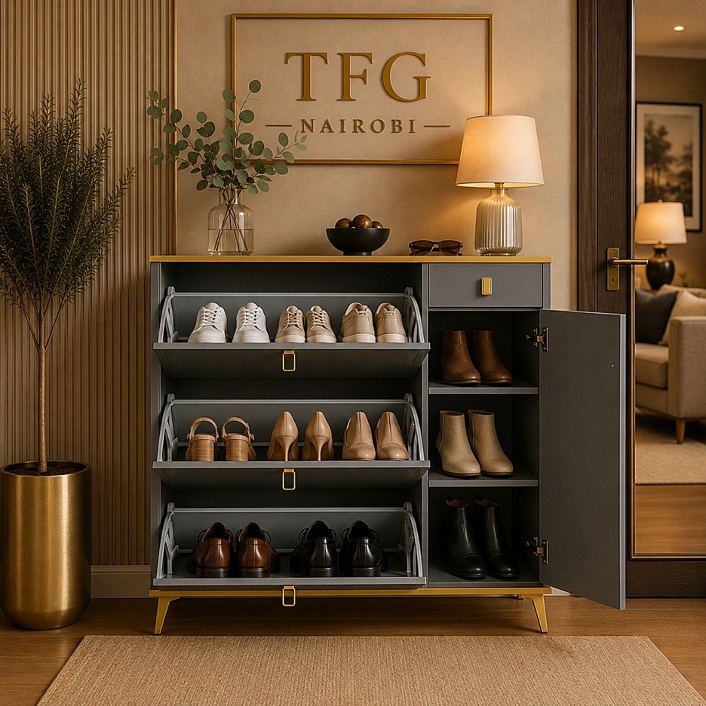 HLSC1571 Grey Shoe Cabinet Open Storage in Kilimani Nairobi HLSC1571 grey shoe cabinet by Lyson Home with open compartments and multiple pairs of shoes in a Kilimani apartment in Nairobi, Kenya