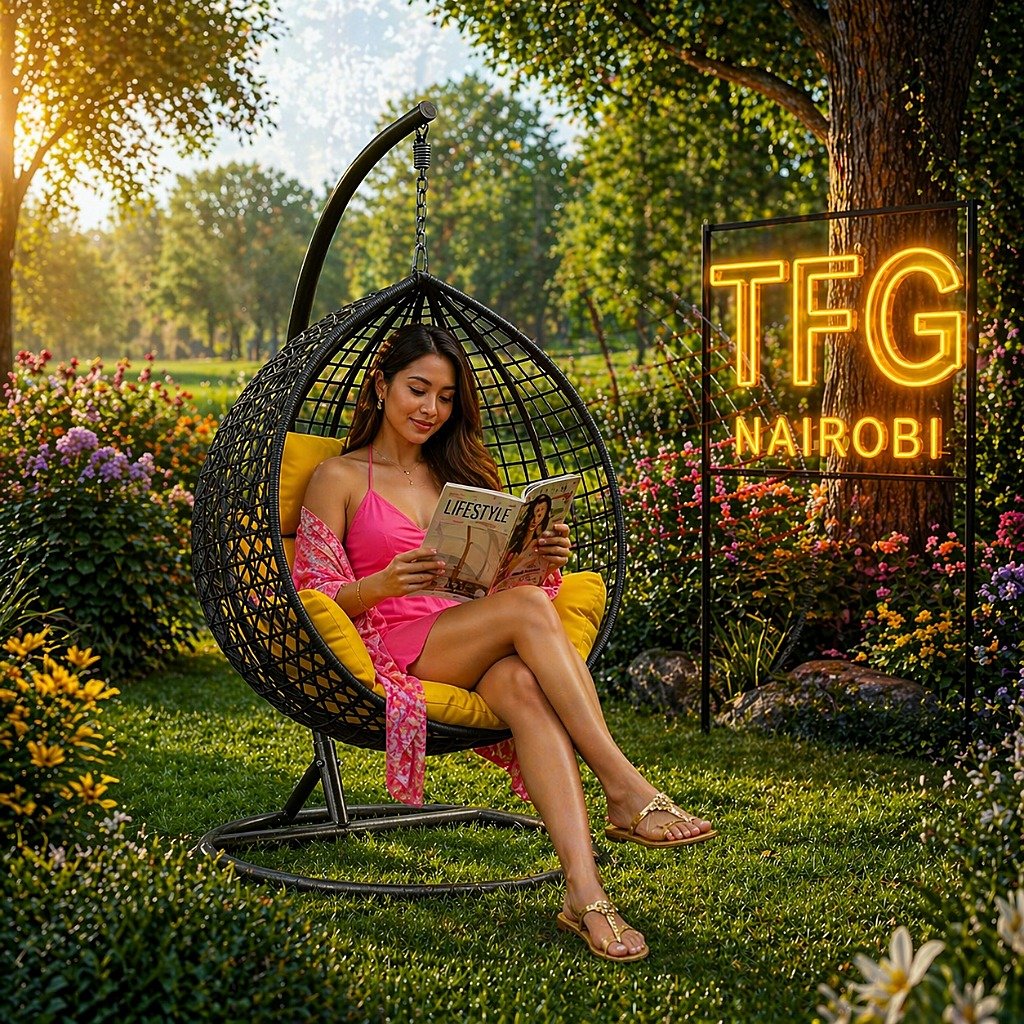 SERENGETI BY188 Swing Chair - Lifestyle Athi River Villa A lady in a pink summer dress reading a magazine while sitting in a black SERENGETI BY188 wicker swing chair with yellow cushions in a lush villa garden near Crystal Mall, Athi River.