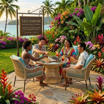 A diverse group of friends enjoying drinks and playing chess on a LGTB400 Amboseli light-beige rattan patio set with sky blue cushions in a luxury Loresho garden.