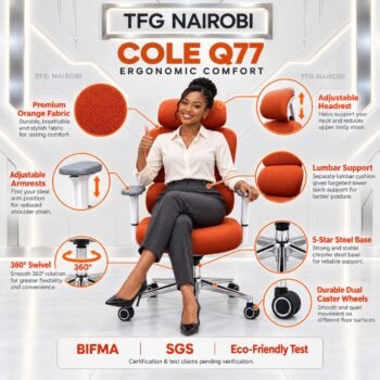Ergonomic high back office chair Kenya – COLE Q77 orange fabric with lumbar support and adjustable headrest, Loresho, Nairobi