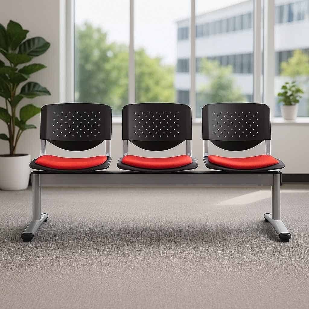 HXV 3-Seater Linked Chair Nairobi HXV 3-Seater Linked Chair with red cushions and silver frame for Nairobi airports and offices.