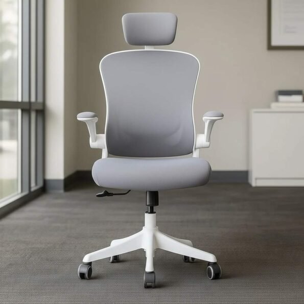 Front view of OFC800 ergonomic high-back office chair with adjustable lumbar support and modern light grey upholstery, ideal for comfortable desk work in Nairobi offices