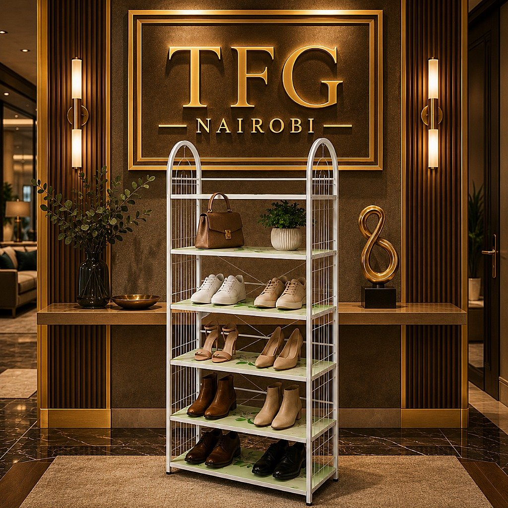 T5-101 Shoe Rack Lifestyle Image in Lavington Nairobi T5-101 shoe rack with multiple shelves in a premium entryway on Chalbi Drive, Lavington, Nairobi, Kenya