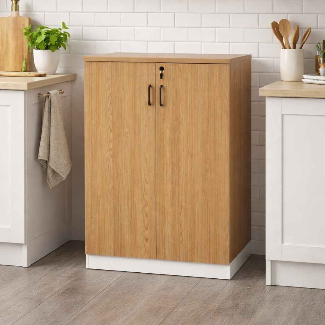 WO1700 Modern Kitchen Storage Cabinet - TFG Nairobi WO1700 kitchen cabinet in Oak and White finish with lockable doors, installed in a Kilimani home, Nairobi.