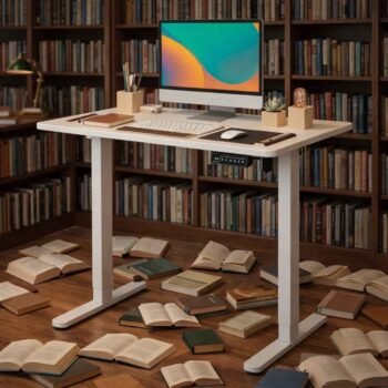 AERO1878 1.2M standing desk side view in Nairobi library with books – electric height adjustable desk