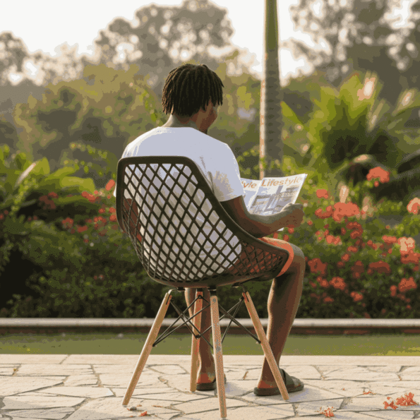 Rear view EO197B Eames Chair black with male sitting Nairobi – wooden legs