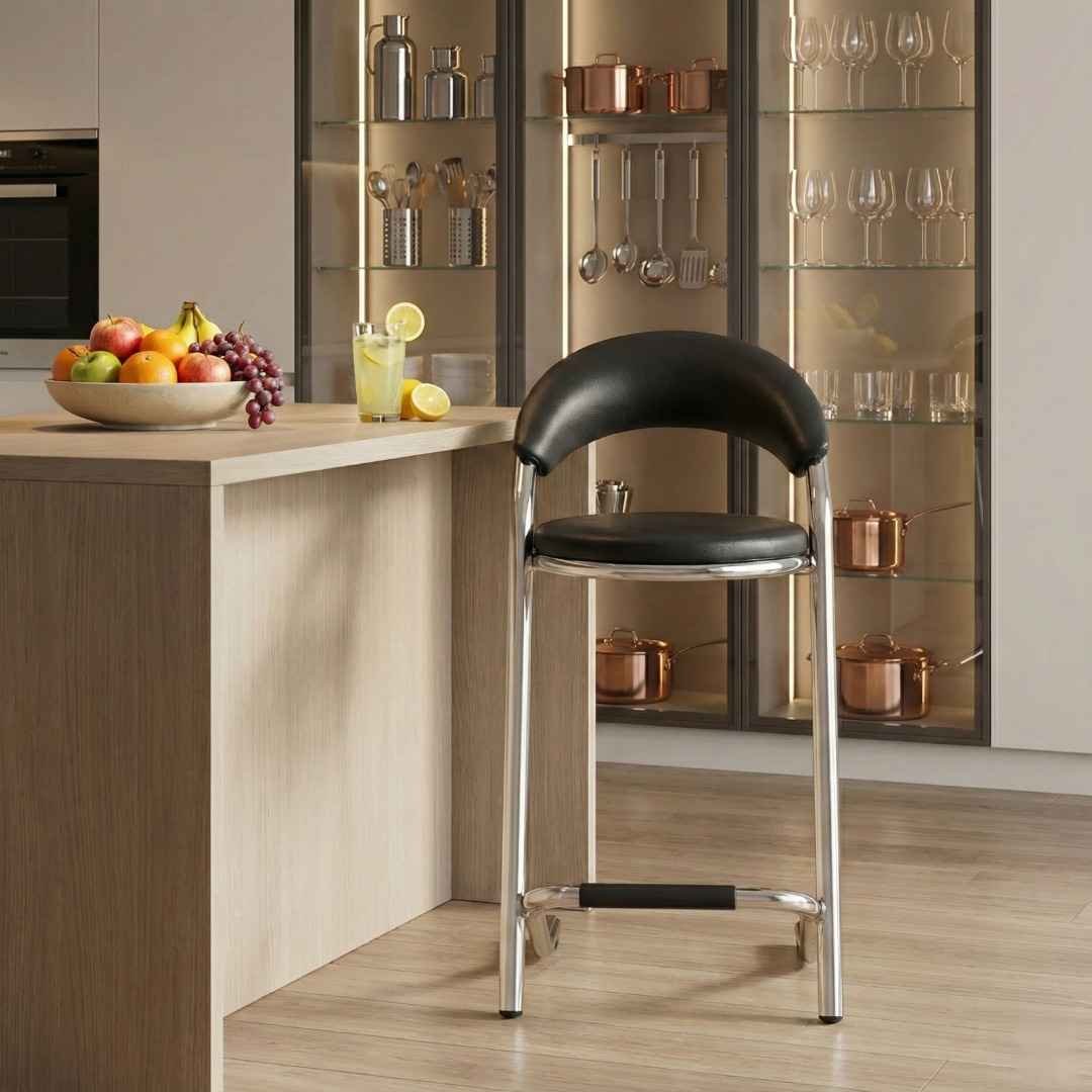 JB200 Steel Leather Bar Stool – Front Angle Nairobi Kitchen Front view JB200 fixed height leather bar stool with chrome steel frame Nairobi