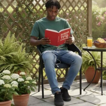 Man relaxing on MJ500 black plastic chair Nairobi patio with book and juice