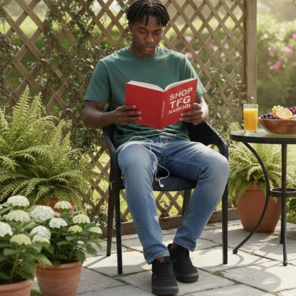 Man relaxing on MJ500 black plastic chair Nairobi patio with book and juice