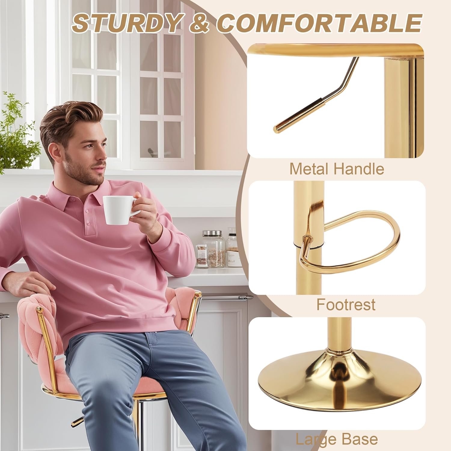 VC12P Comfort and Stability Test Person sitting comfortably on a sturdy VC12P pink velvet bar stool with gold footrest.