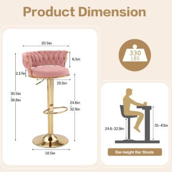 Detailed dimensions and height-adjustable range of the VC12P velvet bar stool