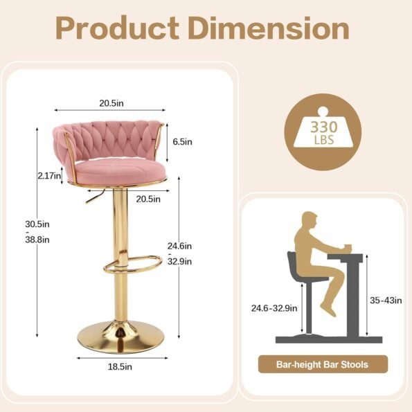 Detailed dimensions and height-adjustable range of the VC12P velvet bar stool