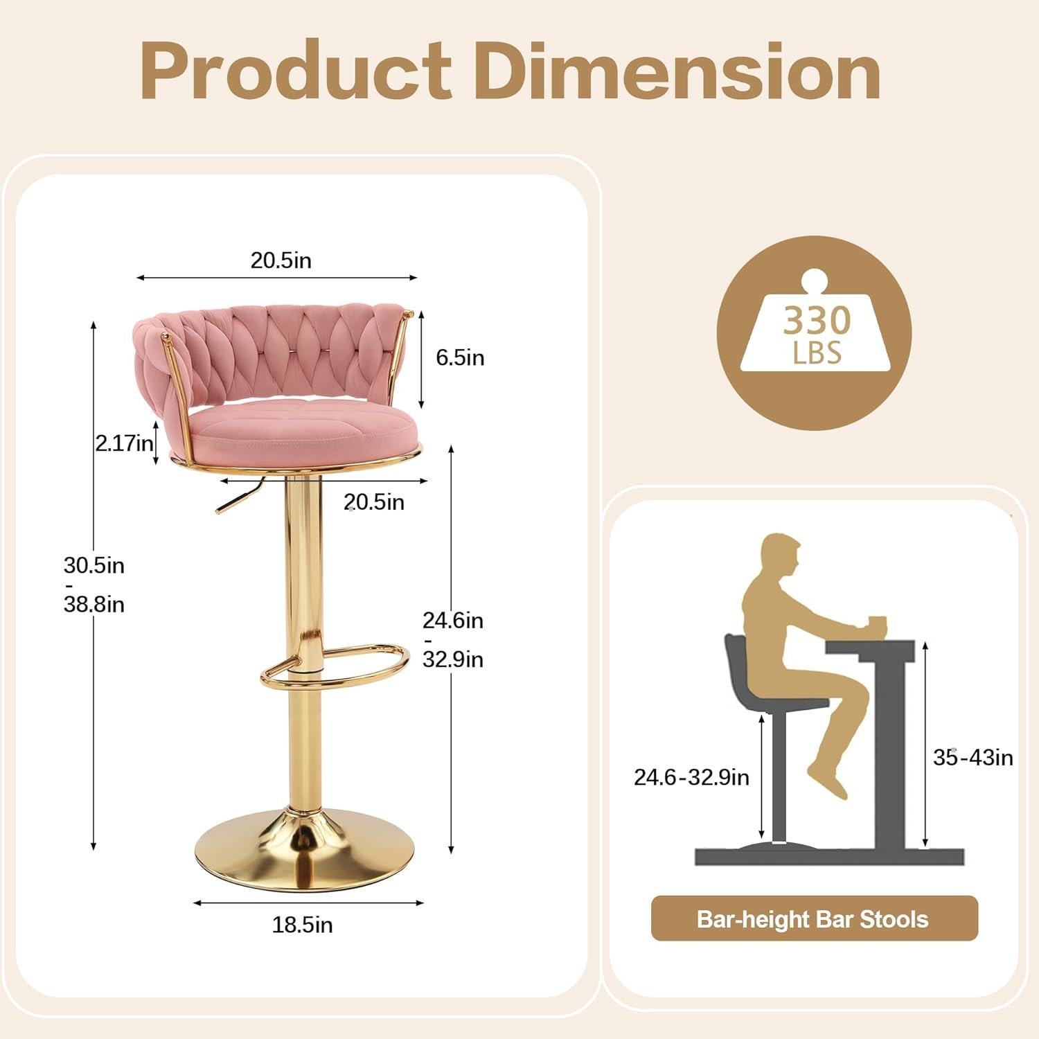 VC12P Bar Stool Measurements Detailed dimensions and height-adjustable range of the VC12P velvet bar stool
