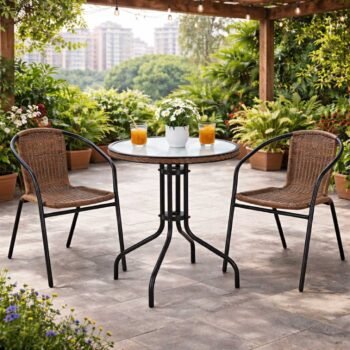 DCL200 3-piece patio furniture set with tempered glass table and brown rattan chairs on a garden patio in Karen, Nairobi.