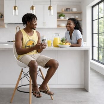 A man sitting on a white EO194W Eames bar chair talking to a lady at a luxury kitchen counter in Runda.