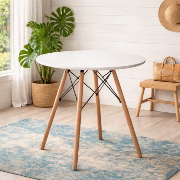 EO1607 white Eames round table with beech wood legs in a minimalist Hurlingham studio apartment.