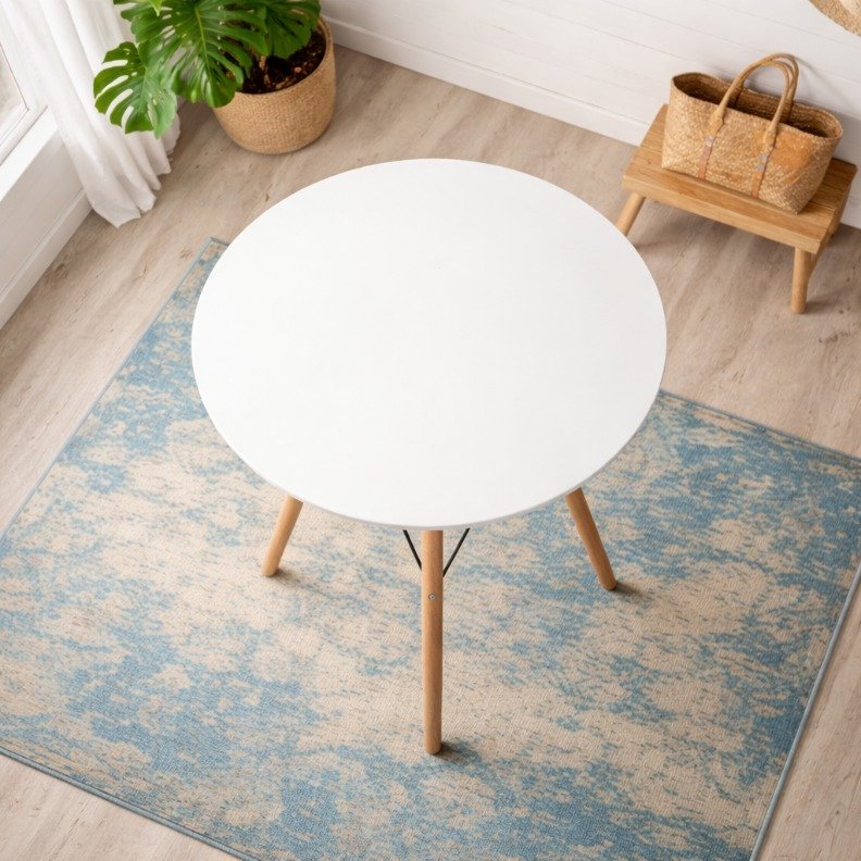 EO1607 Eames Table - Bird-Eye View Kasarani Bird-eye view of the EO1607 Eames round table highlighting the clean white circular top and metal brace reinforcement.