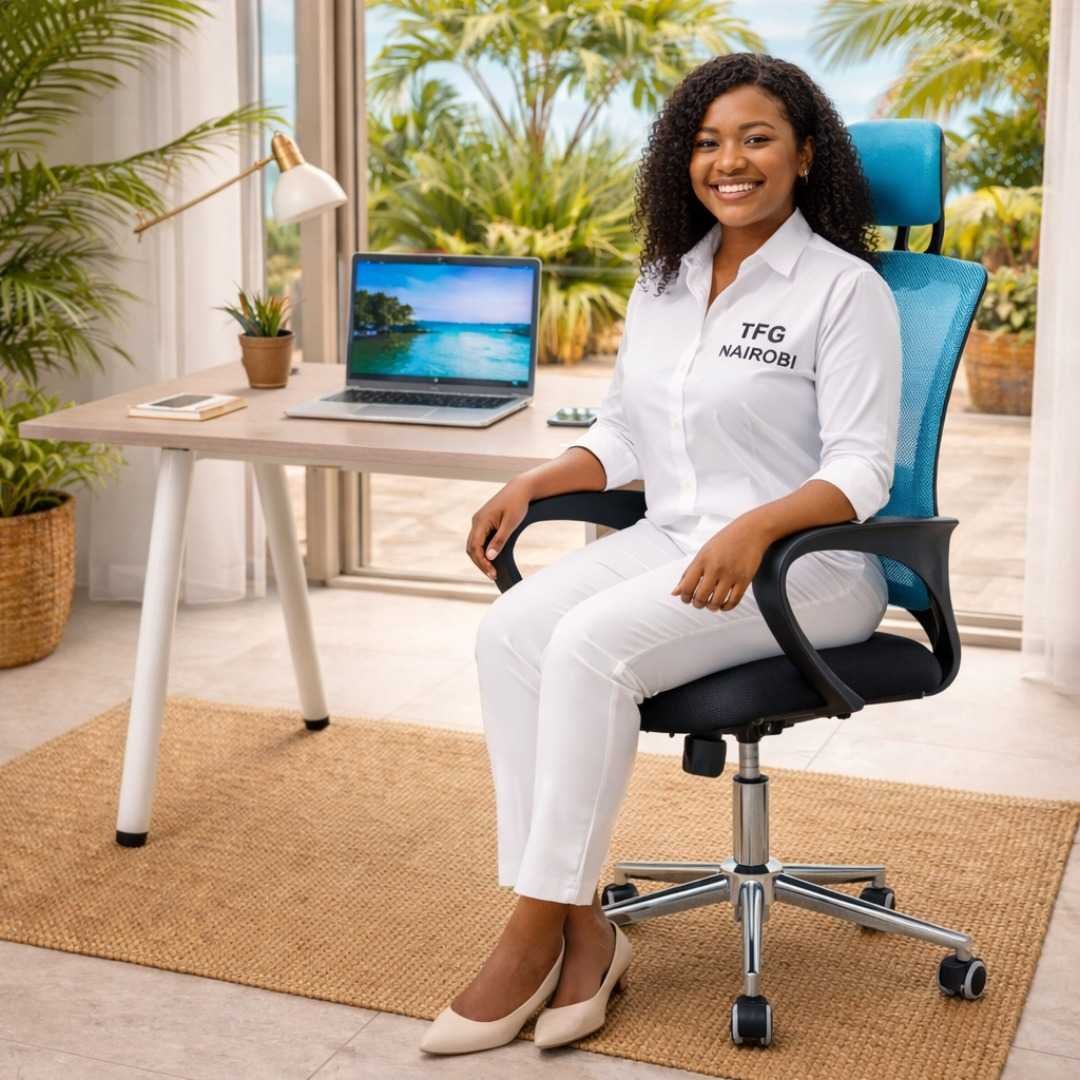 Kitisuru Home Office Productivity - TFG Nairobi Professional woman working in Kitisuru using the STAFF PRO8181 high-back chair and JNRD1871 desk.